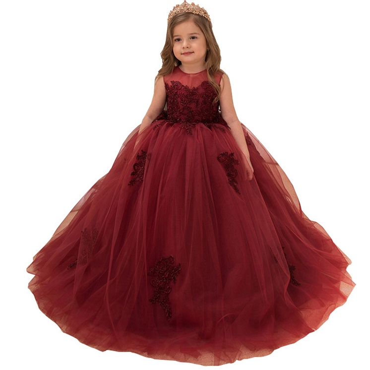 Princesse Champagne Haute Fleur Fille Robes Sheer Cou À Manches Longues Appliques Perles Filles Formelle Fête D'anniversaire Robes Enfant Pageant