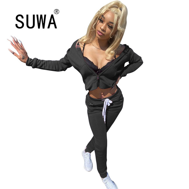 

Solid Color Casual 2 Piece Outfits For Women Zipper Long Sleeve Fall Coats Jogger Dance Pants Sexy Fitness Wear Free Dropping 210525, Black