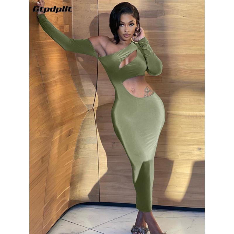 

Casual Dresses Gtpdpllt Cut Out One Shoulder Tight Sexy Maxi Long Sleeve Bodycon Baddie Clothes Club Birthday Outfit Women Dress, Green