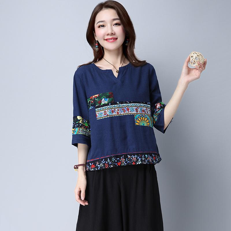 

Women's Blouses & Shirts 2021 Fashion National Women Shirt Ethnic Floral Flower Print Spring Summer Cotton Linen Half Sleeve Blouse Tops, Red