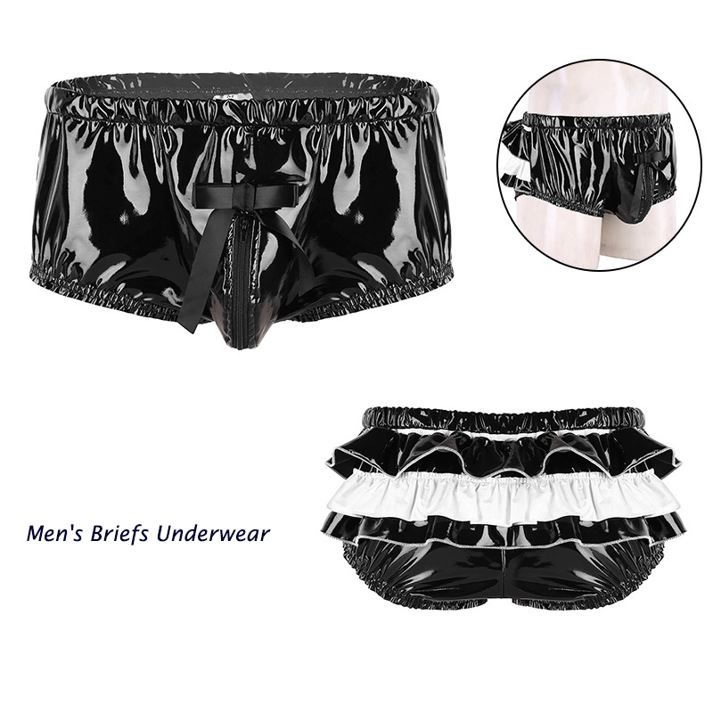 

Mens Lingerie Wetlook Panties Zippered Jockstraps Bulge Pouch Back Frilly Sissy Ruffled Skirts High Cut Briefs Underwear