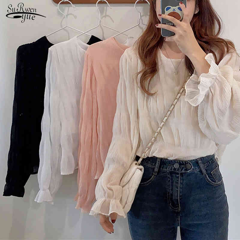

Blusas Mujer Spring Autumn Korean Loose Shirt O Neck Long Sleeve Elegant Blouse Women Solid Color Casual Fashion Tops 14388 210521, Ivory