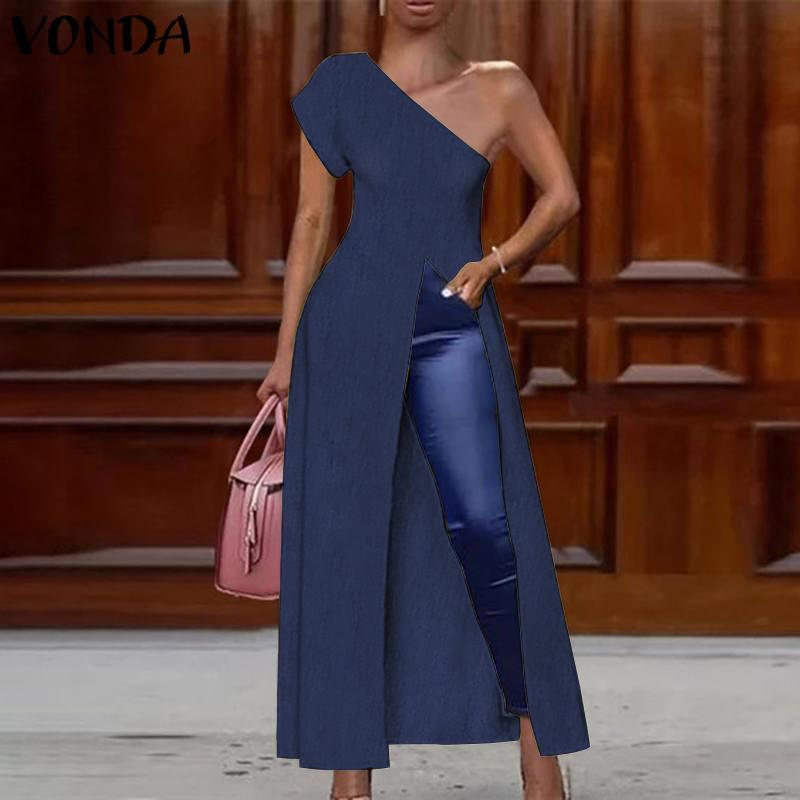 

Women' Blouses & Shirts Fashion Asymmetric Women Tops 2021 VONDA Ladies Sexy One Off The Shoulder High Split Hem Plus Size Bohemian Blusa, Blue