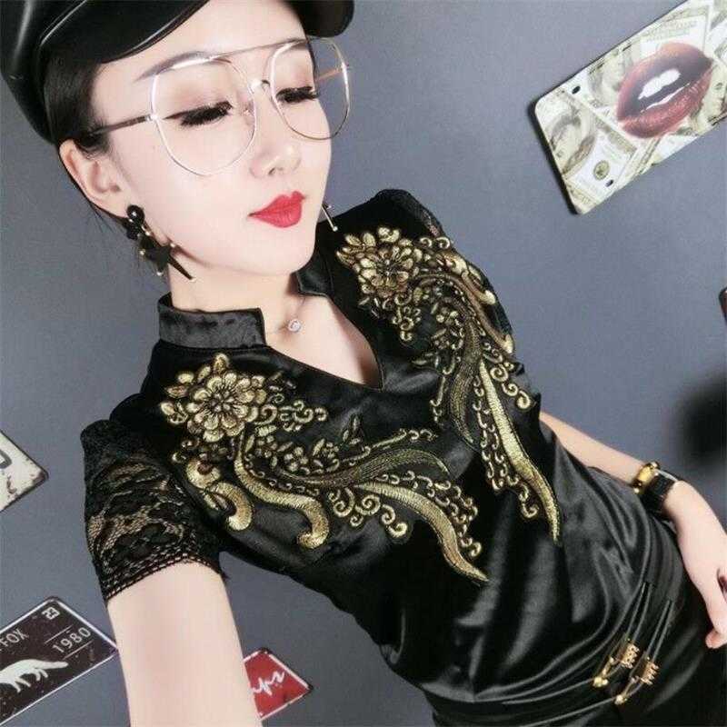 

Summer short sleeve lace V Neck Embroidery Satin Shirt European Style Black Slim wild Blouses Vintage Tops 210601