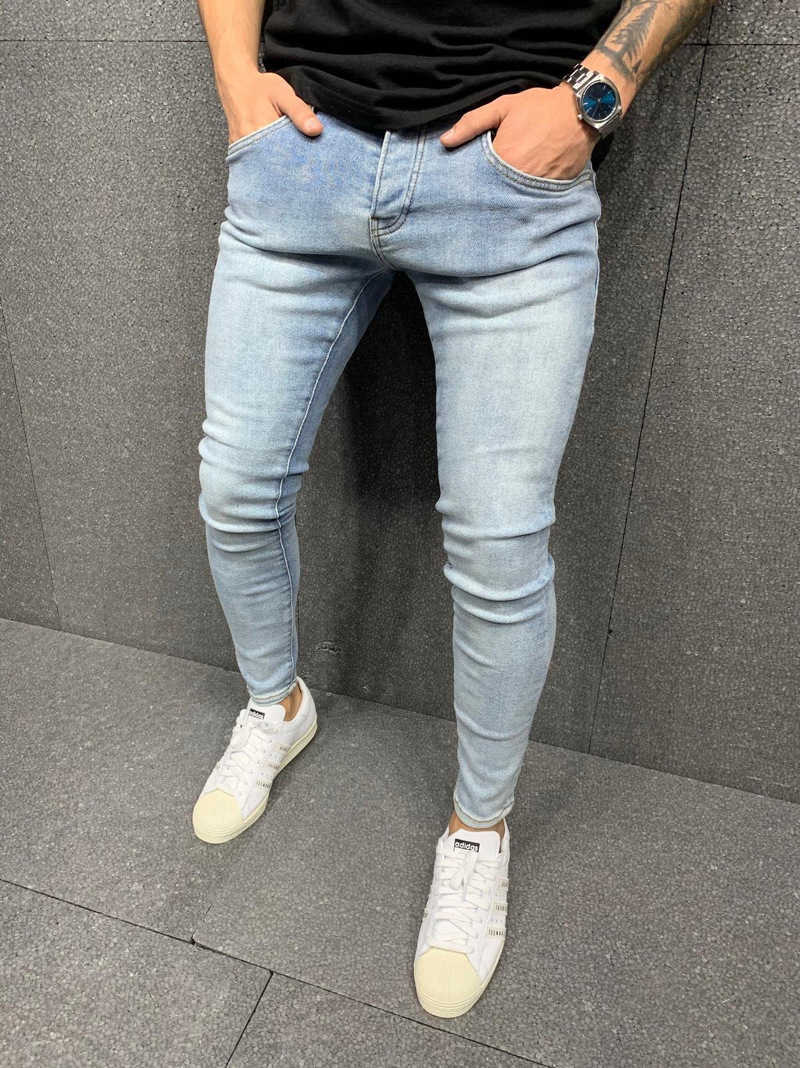 

New Men's Elastic Slim Jeans Casual Ripped Skinny Trousers Street Clothing Denim Man Elastic Waist Slim Fit Denim Pants X0621, Light blue