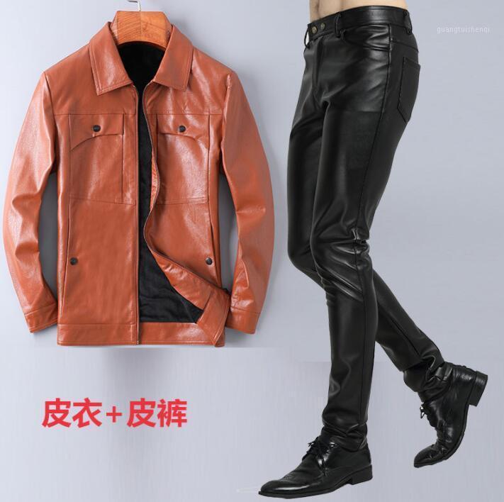 

Winter Leather Jacket Men Motorcycle Faux Coat And Pants 1 Set Jaqueta De Couro Masculino Plus Velvet Clothes Men's Fur &, Coat and pant 2