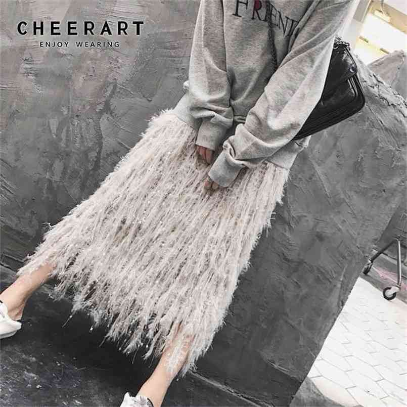 

Cheerart Fall Knit Skirt Women Designer Feather Sweater Grey A Line Elastic High Waist Long Midi Crochet Fashion 210702, Black