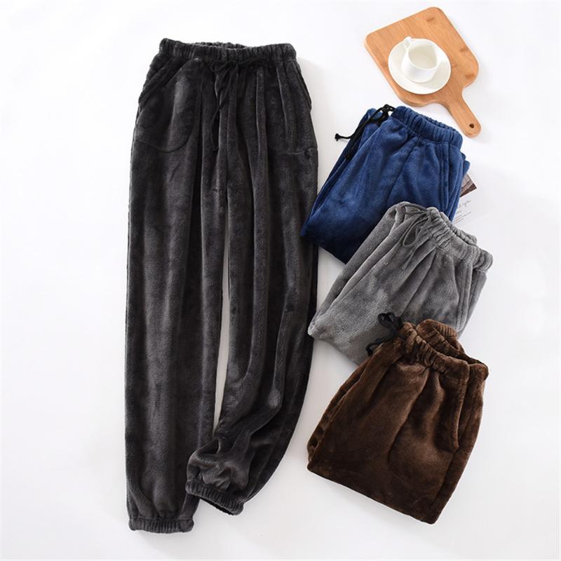 

Men's Sleepwear -3XL Large Thicken Warm Pajama Pants Winter Flannel Trousers For Bottoms Loose Solid Color Lounge Wear Home, Coffee