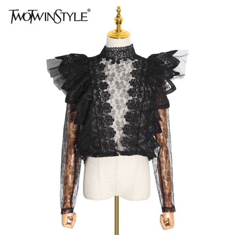 

Patchwork Lace Elegant Shirt For Women Stand Collar Long Sleeve Casual White Blouse Female Fashion Clothing 210524, Black