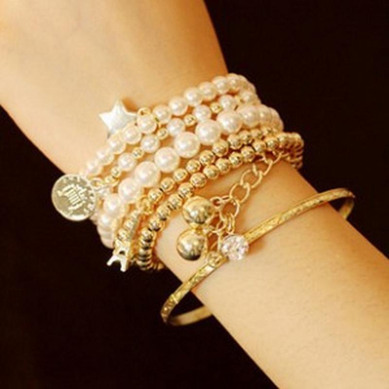 

6Pcs/Set Fashion Multilayer Pearl Beaded Bracelet For Women Eiffel Tower Star Beads Coin Lady Bangles Trendy Gift Jewelry Link, Chain