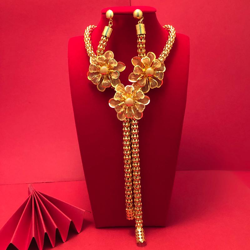 

Earrings & Necklace 24K Dubai Gold Color Jewelry Sets For Women African India Party Wedding Pendant Jewellery Set Engagement Gifts, Silver