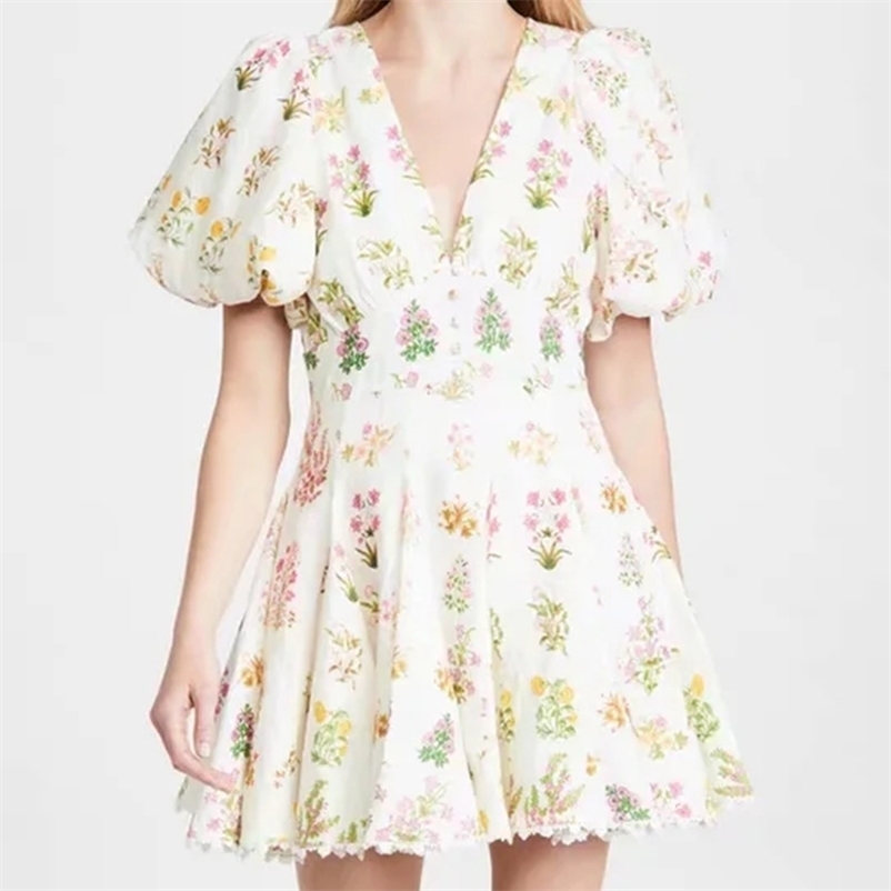 

women chic dress V-neck printed waist mini with lace trim at hem 210524, White