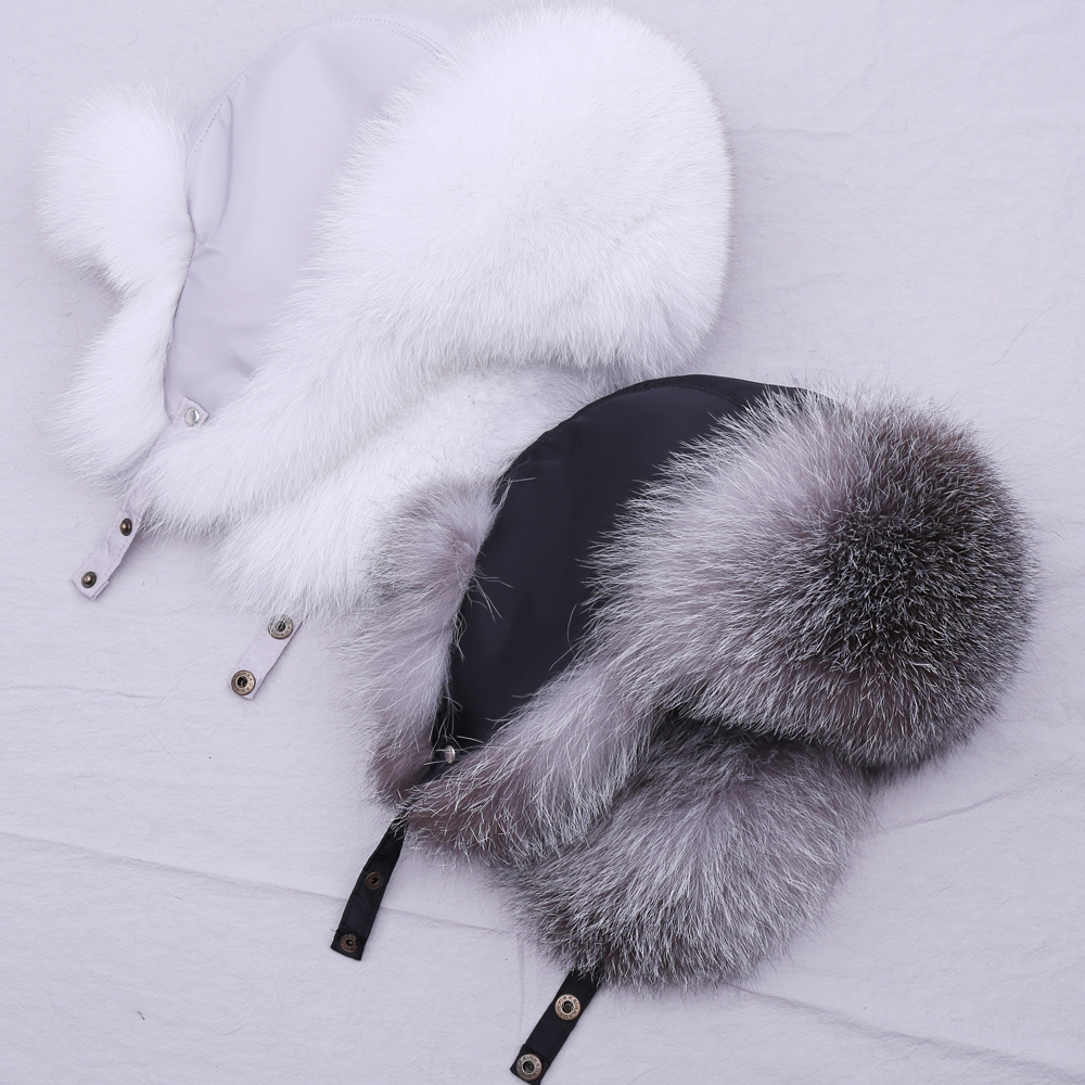 

100% Real Fur Hat for Women Natural Silver Fox Fur Russian Ushanka Hats Winter Thick Warm Ears Fashion Bomber Cap, Natural white