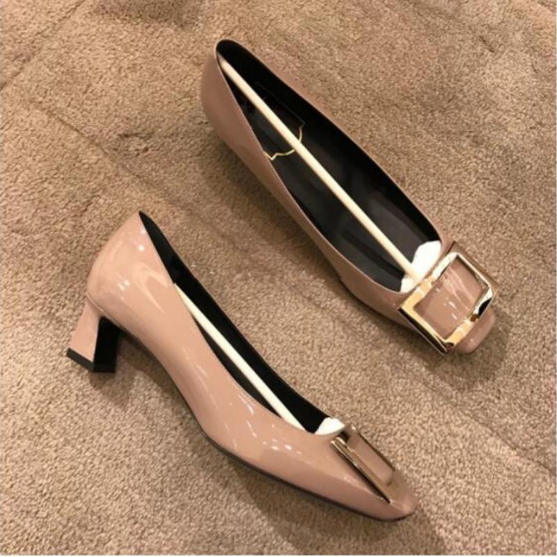 

Dress Shoes 2021 Autumn And Winter Women's Patent Leather Square Toe Thick Heel High Heels Mid-heel Buckle Wedding, Nude (2.5cm)