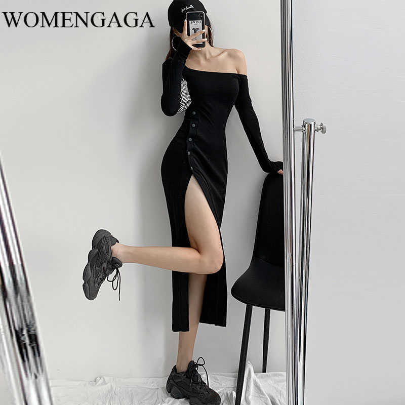 

WOMENGAGA Sexy Side Slit Dres's Black Long Off Shoulder Sleeve Hgih Waist Slim Hip Dresses Robe QAT8 210603