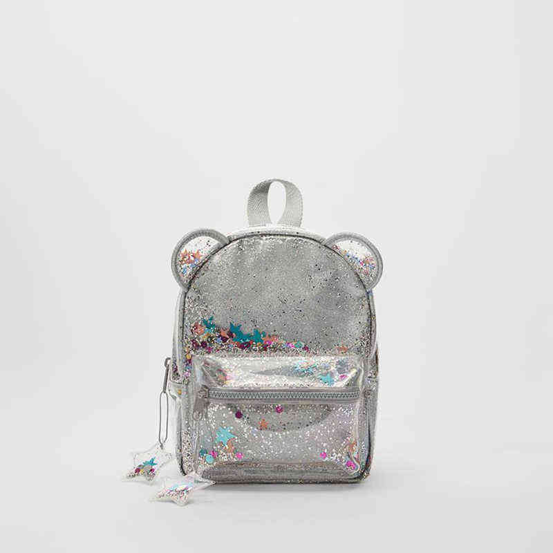 

2021 New Silver cat ear glitter mini backpack ladies or cute children glitter sequin backpack Y1105