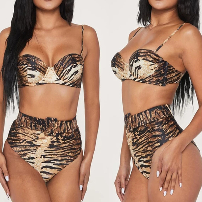 Women&#039;s Swimwear Sexy Bikini Hard Pack Tiger High Waist Split Swimsuit 2083-image-681764612