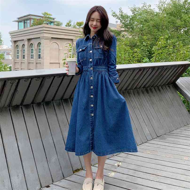

Long Maxi Denim Dressed Ladies Korea Sleeve Loose casual Party Dresses for women clothing 210602, Blue