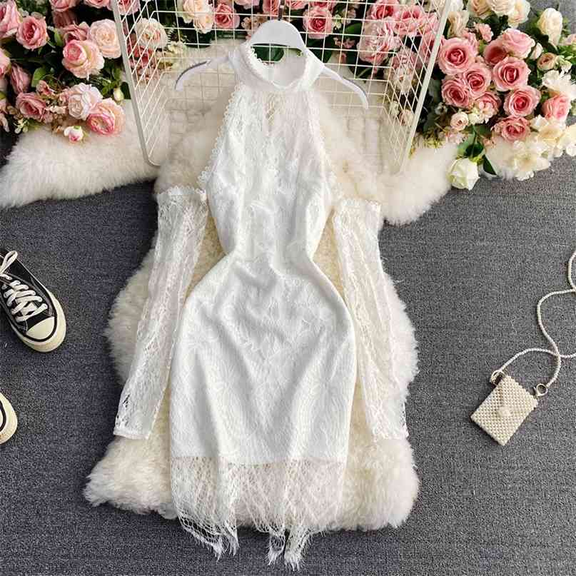 

Summer Women Lace Dress Black White Halter Neck Cold Shoulder Long Sleeve Hollow Out Slim Sexy Party Bodycon Vestidos 210603