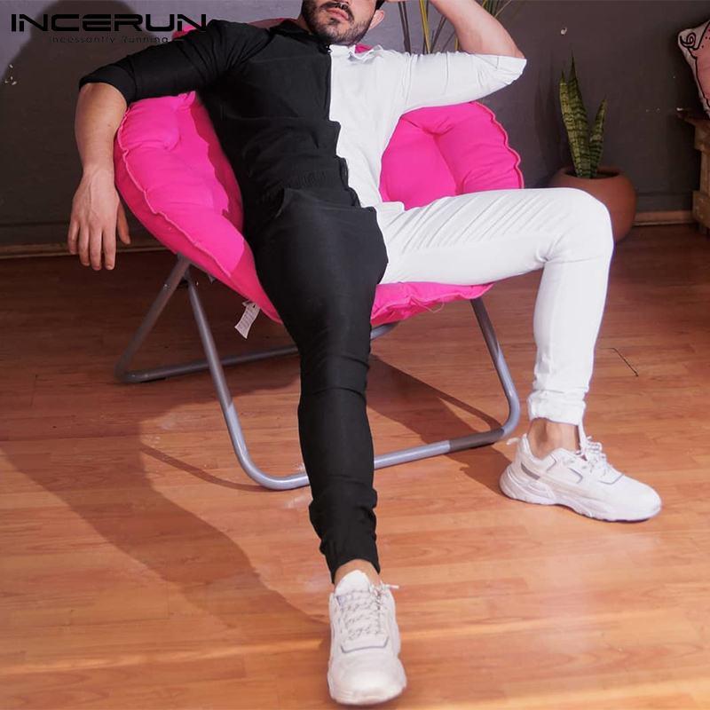 

Men's Pants Fashion Men Jumpsuits Patchwork Zipper Lapel Long Sleeve Cargo Overalls Elastic Waist Streetwear Casual Rompers INCERUN S-5XL, Black