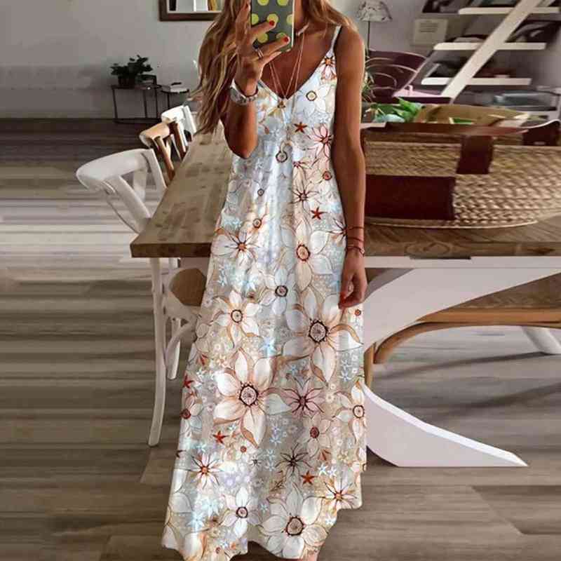 Bohemian Long Regular Flower Women Dresses Printing Casual Spaghetti Strapsfemale Summer Clothes For-image-710224882