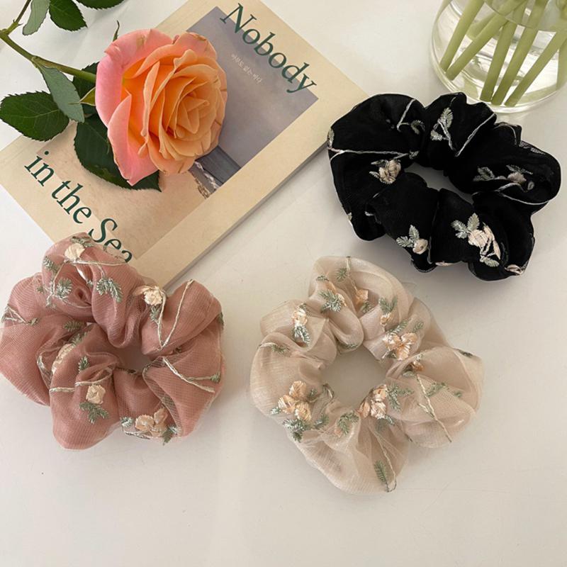 

Hair Accessories Sweet Embroidery Flowers Mesh Scrunchies Women Romantic Pink Black Rope Lace Ties Trendy Ring