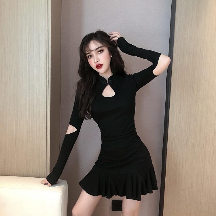 

Casual Dresses Black Dress Women Korean Fashion Women' Clothing Vestidos Mandarin Collar Hollow Out Long Sleeve Trumpe Spring Pink