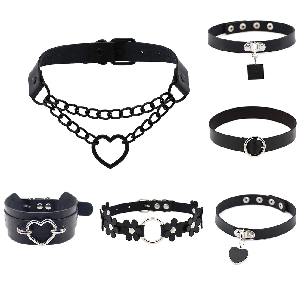 

Punk Sexy Gothic Pu Leather Flower Heart Square Choker Necklace Round Chockers Collar Necklaces Women Neck Jewelry, Golden;silver