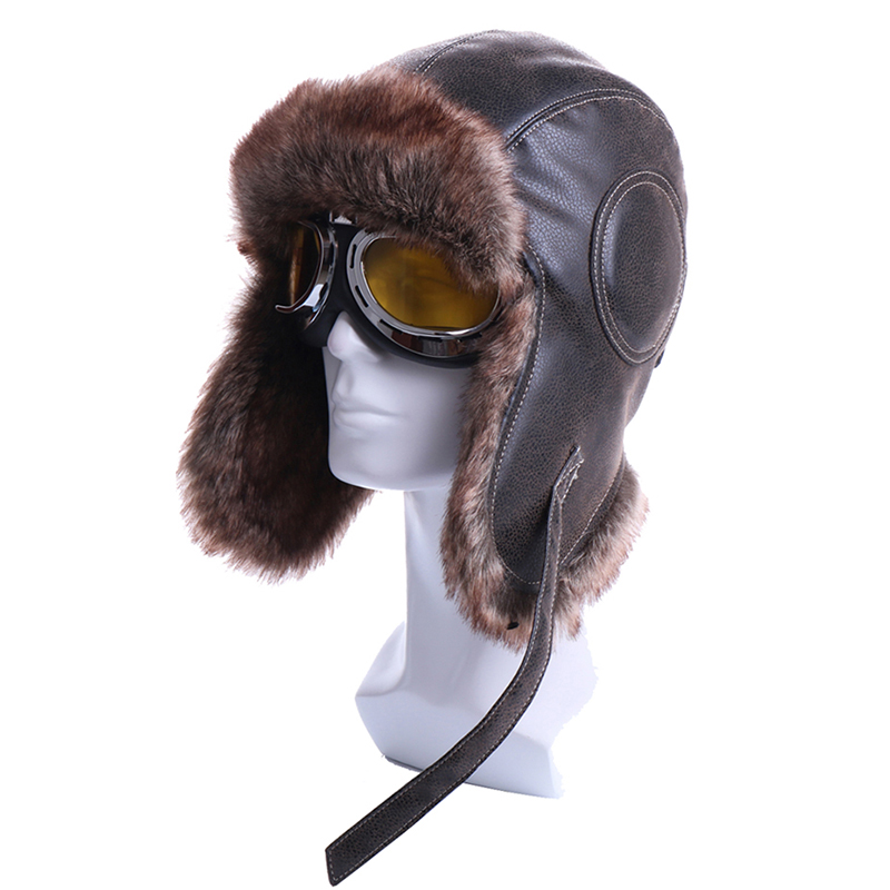 

Winter Bomber Hats Plush Earflap Russian Ushanka with Goggles Men Womens Trapper Aviator Pilot Hat Faux Leather Fur Snow Capsg