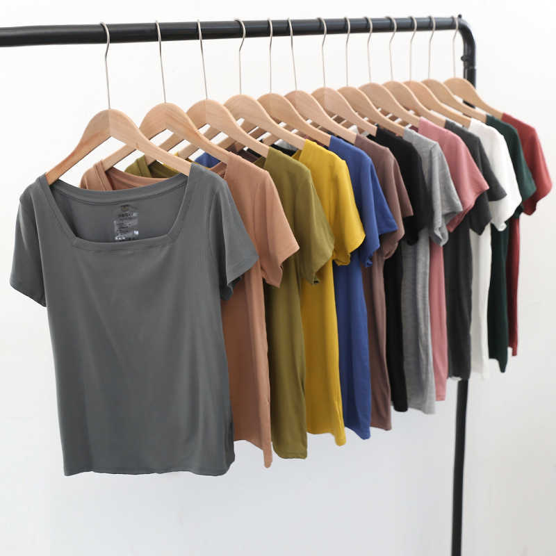 

summer women T-shirt casual square collar short sleeve female streetwear tees W830 210526, Color 12