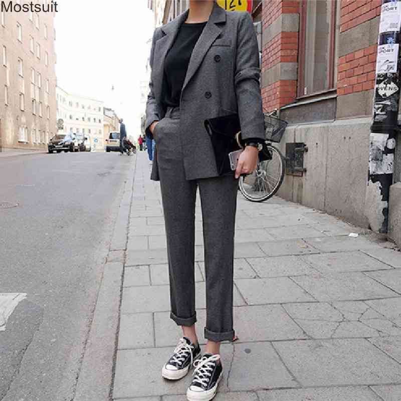

Spring Autumn Blazer Pant Suit Set For Women 2 Piece  Long Sleeve Blazers Jacket & Pants Suits Elegant Korean 210518, Gray