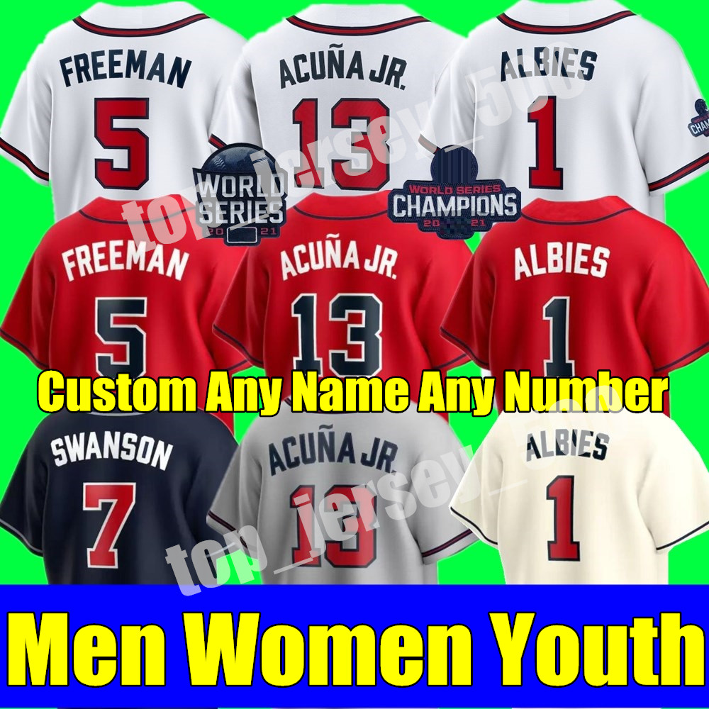 

2021 World Series Champion Men Women youth Baseball jerseys Atlanta Ronald Acuna Jr. Marcell Ozuna Freddie Freeman Dansby Swanson Brave Deion Sanders Ozzie Albies, As shown in illustration