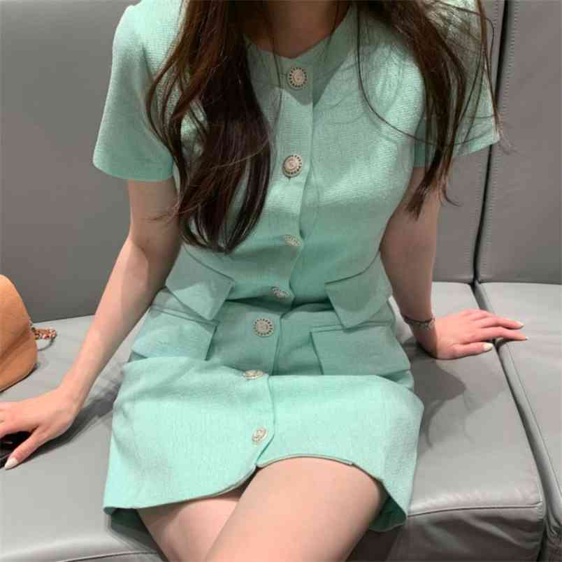 

Arrived Summer Korean Elegant Temperament Tweed Dress O-Neck Single-Breasted Short-Sleeved Chic Vestidos 210519, Photo color