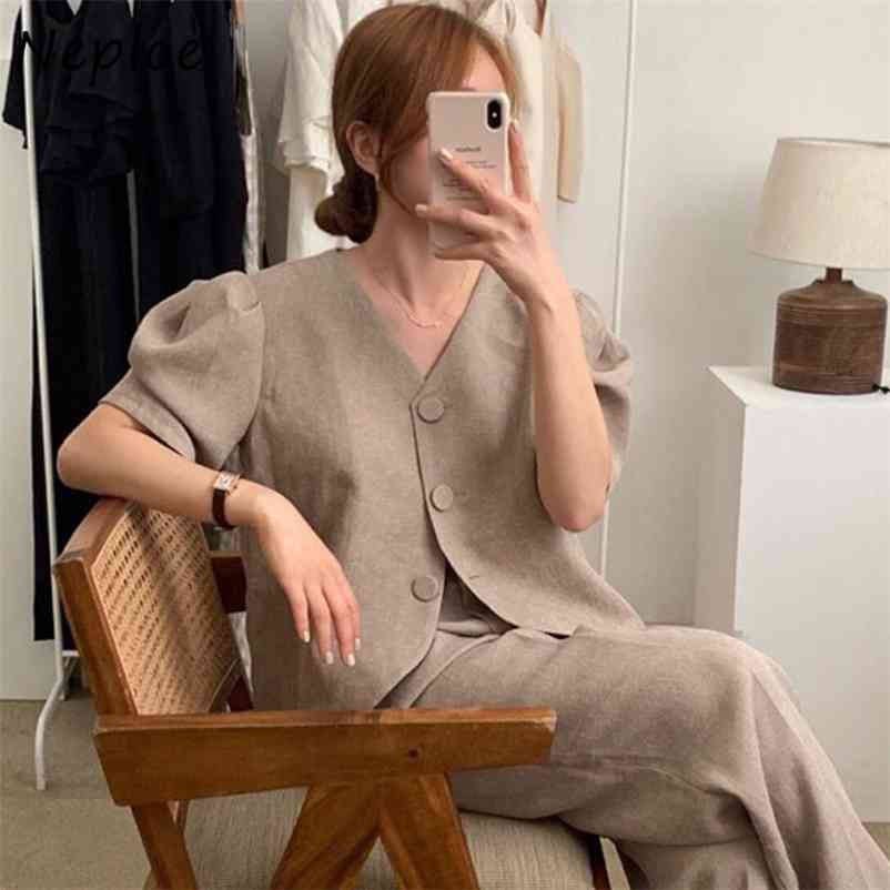 Temperament Work Style 2 Pcs Women Set V Neck Single Breast Short Sleeve Jacket + High Waist Hip Straight Pants Suit 210422Z