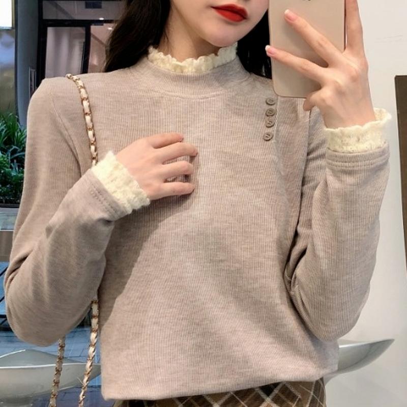 

Women's Sweaters Korean Simple Lace Mock Neck Sweater Chic Irregular Botton Design Woman Autumn Long Sleeve Bottoming Pullover Tops, Black