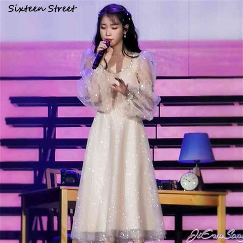

Elegant Maxi Dresses for Women Square Collar White Mesh Evening Party Woman Vestido Luxury Runway Long Sleeve Lady 210603, Clear