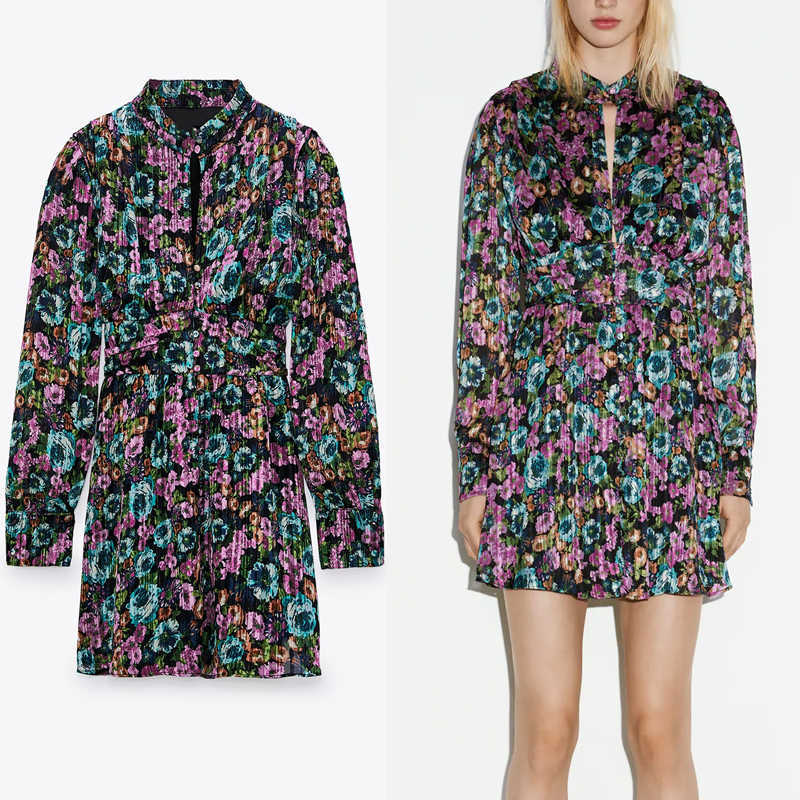 

Za Floral Metallic Thread Mini Dress Women Vintage Long Sleeve High Collar Dresses Woman Fashion Pleated Lining Party Dress 210602, As picture