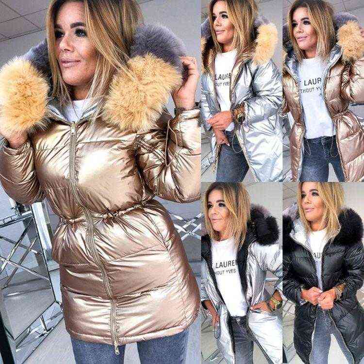 

2 Color Women Fashion Hooded Fur Collar Jacket Wadded Parka Winter Thick Warm Coat Long Sleeve Slim Fit Waterproof Wear on Both, Pink