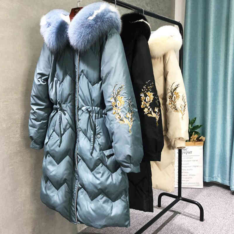 

down Fox Fur Collar Jacket woman Winter Hooded Slim Long 90% White Duck Down Parkas Coat embroidery Warm Snow Outwear, Black