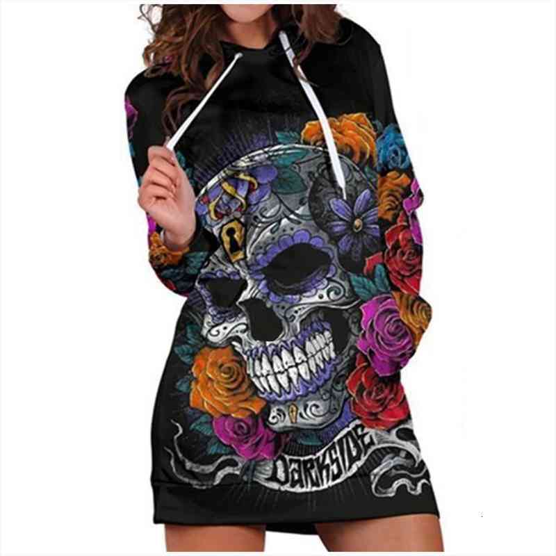 

fashion skull floral printed womens dress hooded sweatshirt long sleeve hoodies pocket mini dresses kleider damen, Black;gray