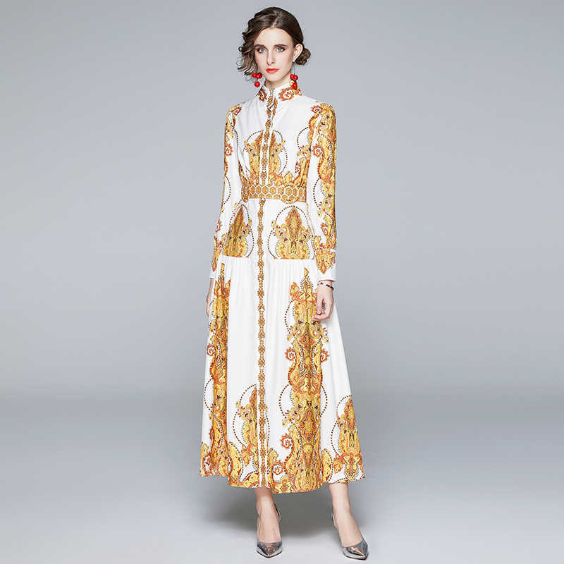 

Spring Autumn Women Stand Neck Puff Sleeve Maxi Dress Fashion Elegant Slim Ladies Vintage Court Print Party Dresses Vestidos 210525, Yellow