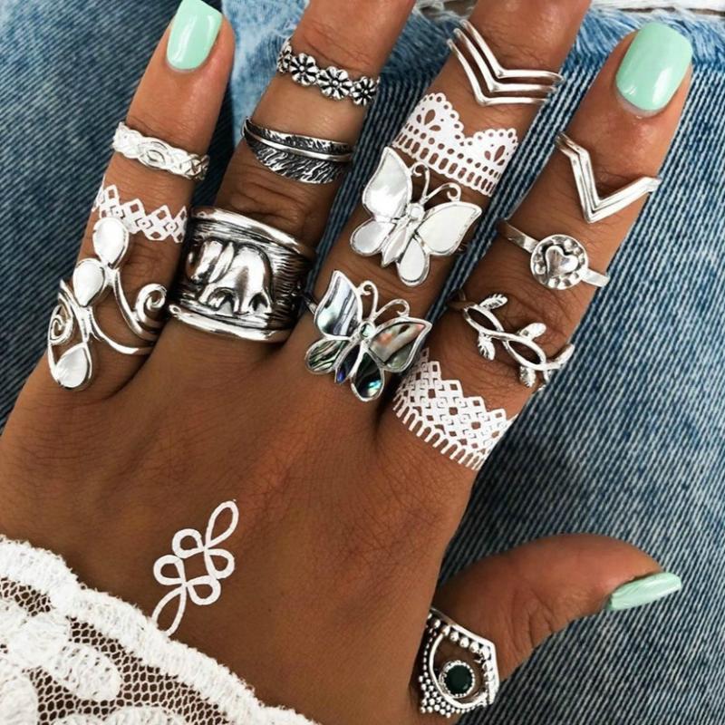 

Cluster Rings 14pcs/set Boho Vintage Joint Ring Set Women Antique Silver Color Elephant Butterfly Leaf Flower Midi Knuckle