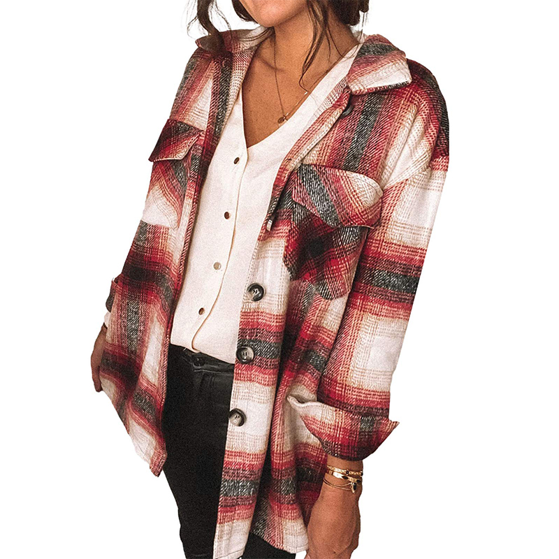 

Sidefeel Women Plaid Long Sleeve Button Down Collar Long Shirt Oversized Coat, White