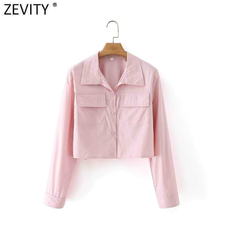 

Zevity Women Safari Style Long Sleeve Pink Color Short Shirt Female Simply Double Pockets Blouse Roupas Chic Chemise Tops LS9062 210603, As pic ls9062dt