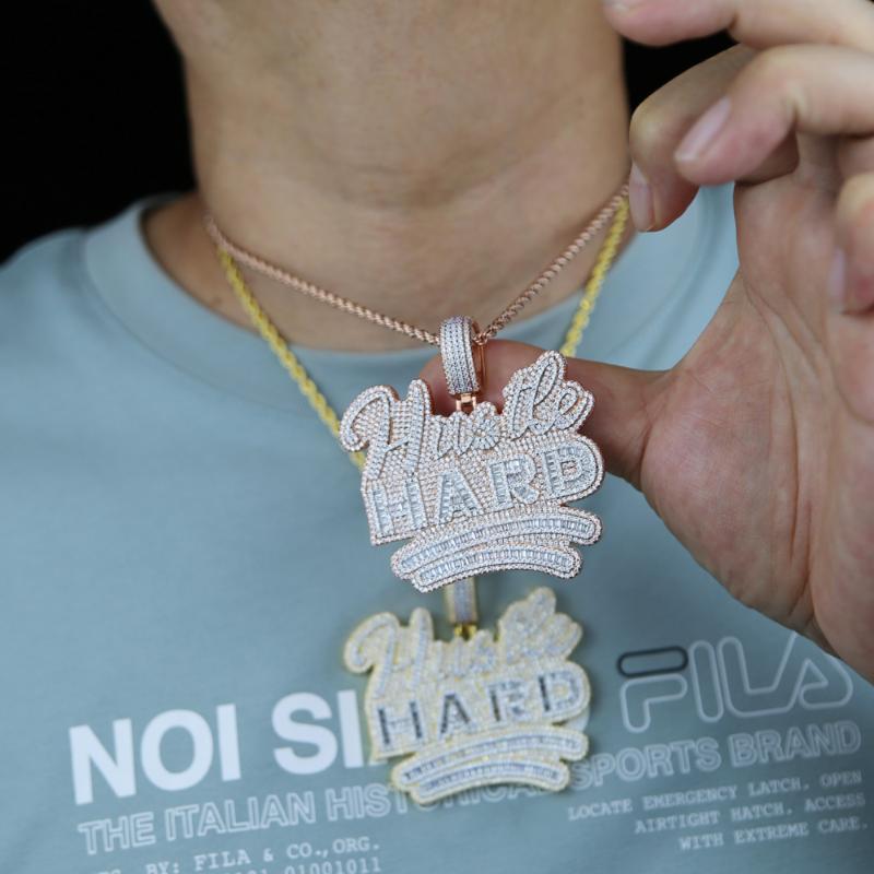 

Chains 2021 Large Pendant With Hustle Hard Letter Iced Out Cubic Zirconia Paved Hip Hop Jewelry For Men Women Accessories