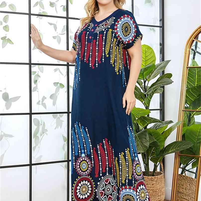 

Vintage Ethnic Print Maxi Dress for Women Summer Rayon Cotton V Neck Short Sleeve Plus Size Casual Arabic Clothes 210517, Black;gray