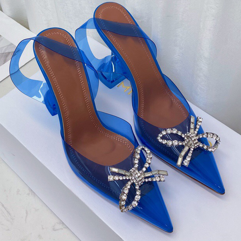 

Designer fashion Heeled womens dress shoes Bowtie crystal buckle decoration shoe quality genuine leather sole slingbacks sexy Transparent PVC 10CM women Sandals, Clear