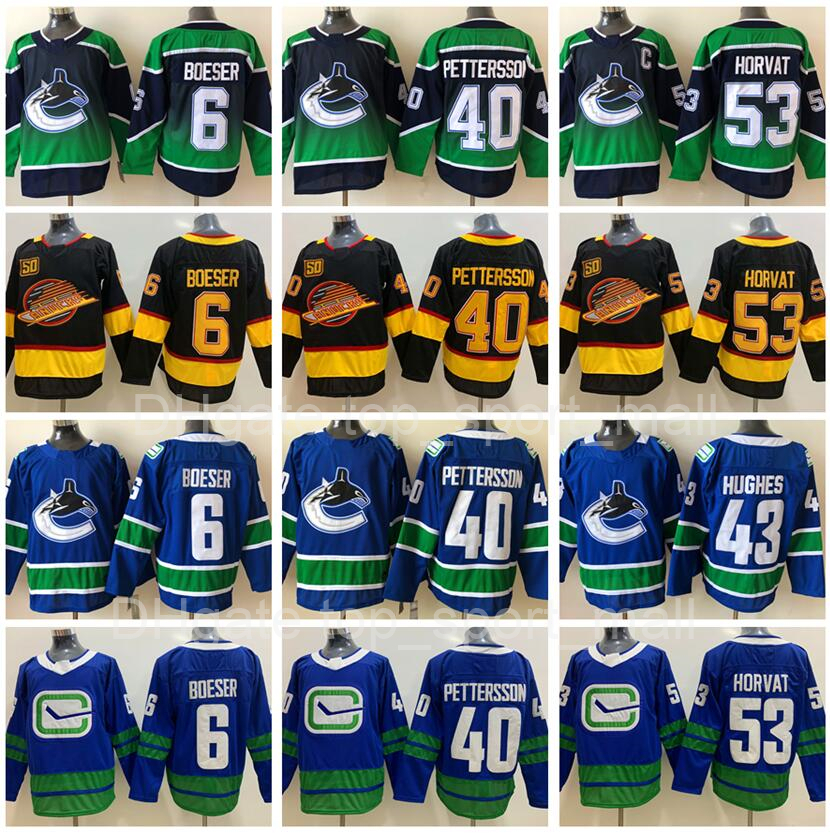 

Reverse Retro Hockey Vancouver Canucks Jersey 53 Bo Horvat 6 Brock Boeser 40 Elias Pettersson 43 Quinn Hughes 35 Thatcher Demko 88 Nate Schmidt Black Blue White Men