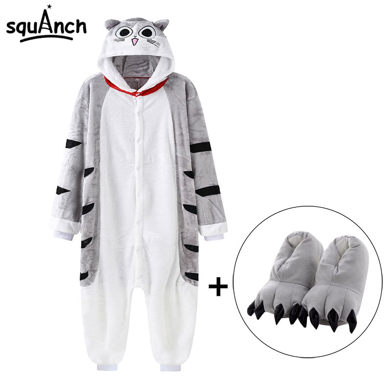 

Chi Cat Onesie With Slippers Kawaii Kitty Pajama Animal Kigurumis Women Girl Adult Overall Winter Warm Soft Street Wear Jumpsuit, Button