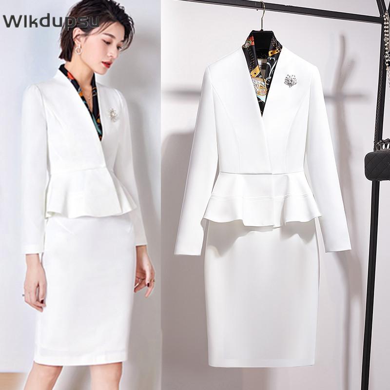 

Two Piece Dress Office Skirt Suits For Women 2021 Spring Autumn White Long Sleeve Elegant Work Business Lady Formal 2 Set Plus Size